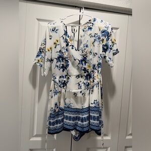 Trixxi Floral Wrap Romper in Blue and Yellow